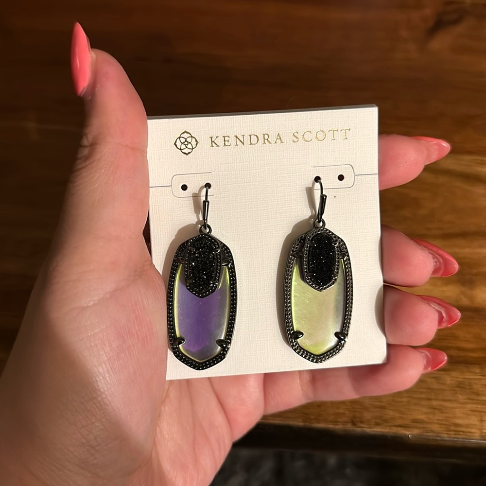 BRAND NEW with tags Kendra Scott Emmy dichroic glass earrings with black drusy.